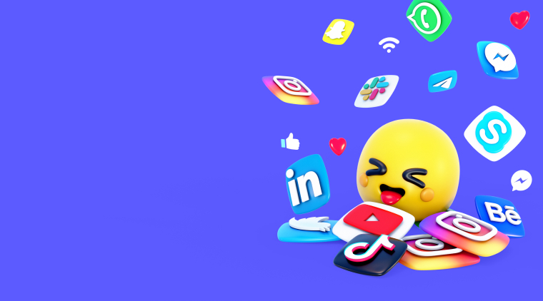 photo of a young man holding a smartphone, with social media icons floating nearby