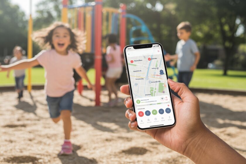 Реалистичное фото: смартфон родителя с приложением Kids360, показывающим карту с местоположением ребёнка, играющего на улице с другими детьми. Естественное освещение, детализированные текстуры, повседневная обстановка.