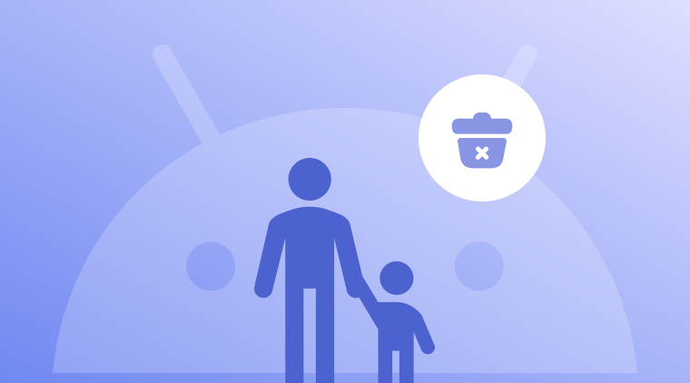 Иллюстрация, показывающая силуэт взрослого человека, держащего за руку ребенка, на фоне логотипа Android. Рядом с фигурами находится иконка корзины с крестиком, символизирующая удаление. Изображение используется в статье "Как удалить родительский контроль с телефона: пошаговая инструкция", чтобы отобразить процесс отключения ограничений на устройстве Android.