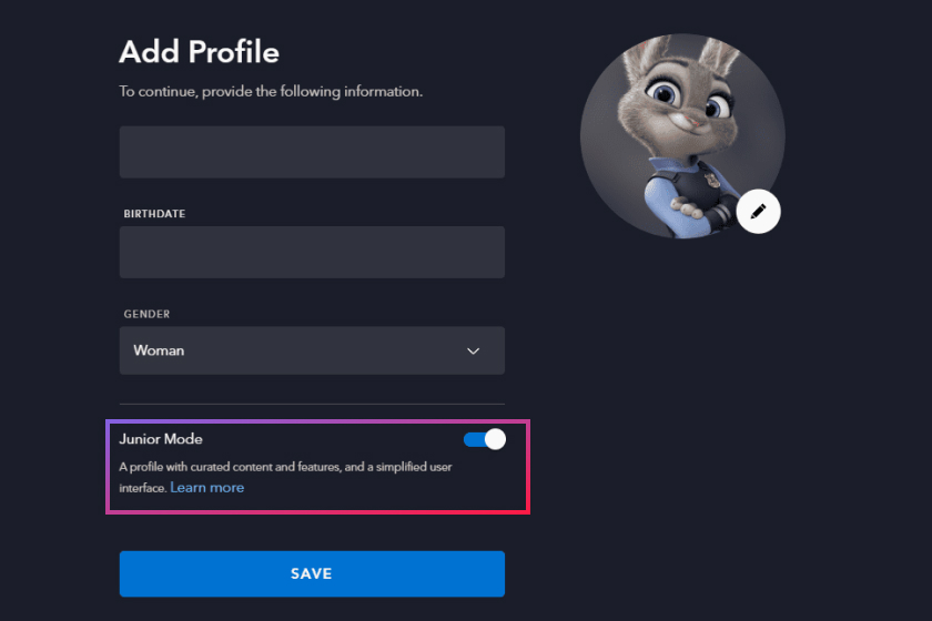 Junior Mode setting on Disney Plus