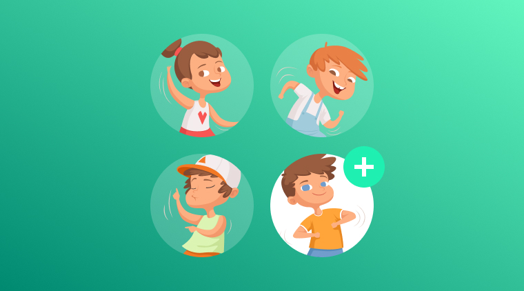 Четыре улыбающихся ребенка в активных позах на зеленом фоне. Иллюстрация передает дружелюбную и энергичную атмосферу, связанную с темой создания и настройки детского аккаунта гугл.